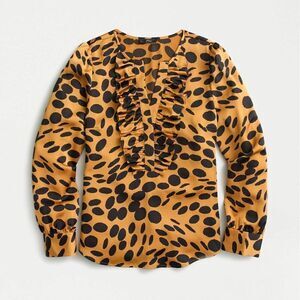 J. Crew Long Sleeve Ruffled Front V-Neck Silky Satin Blouse in Tiger Wavy Dot